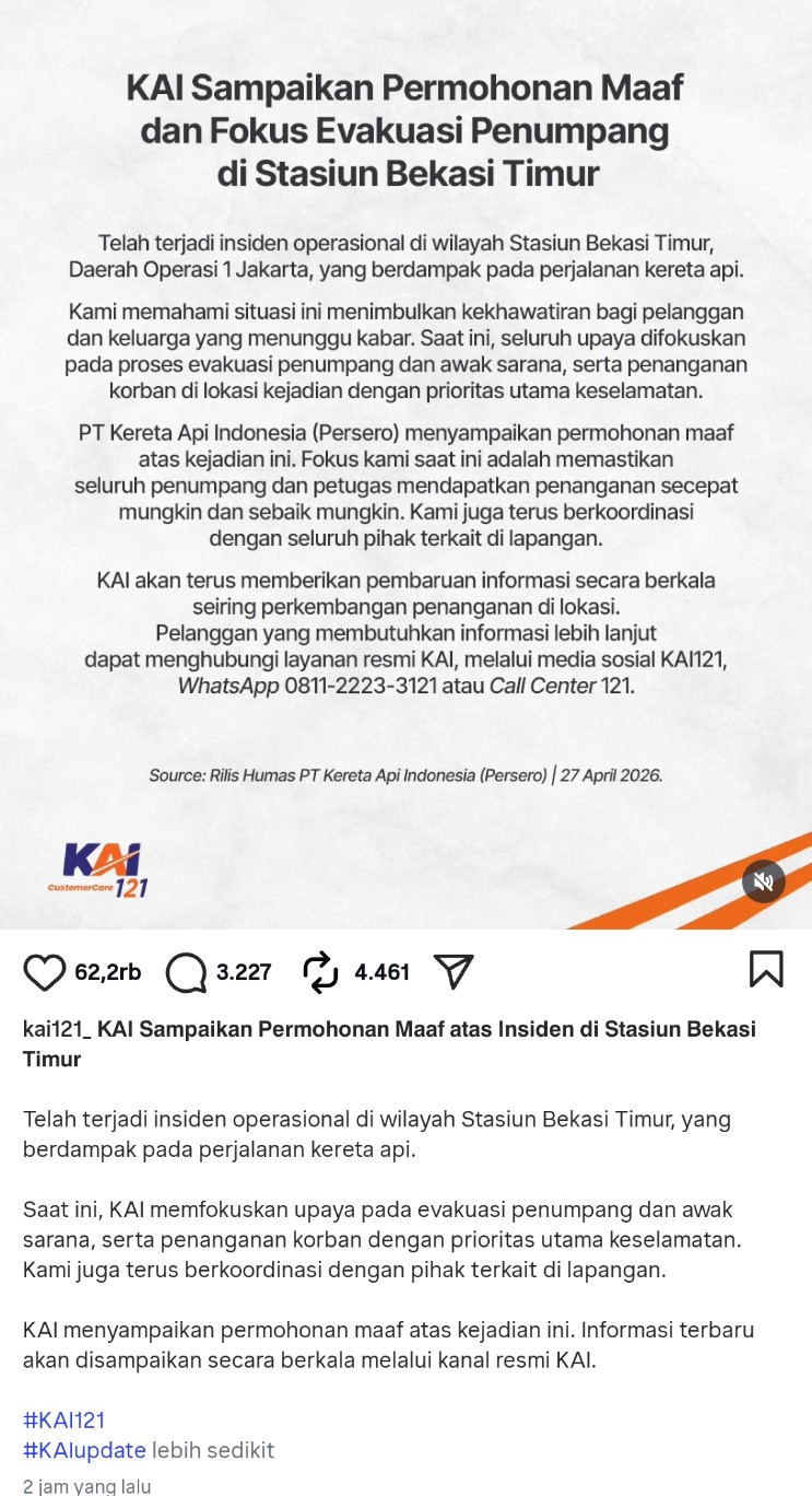Pernyataan resmi KAI di akun instagram 